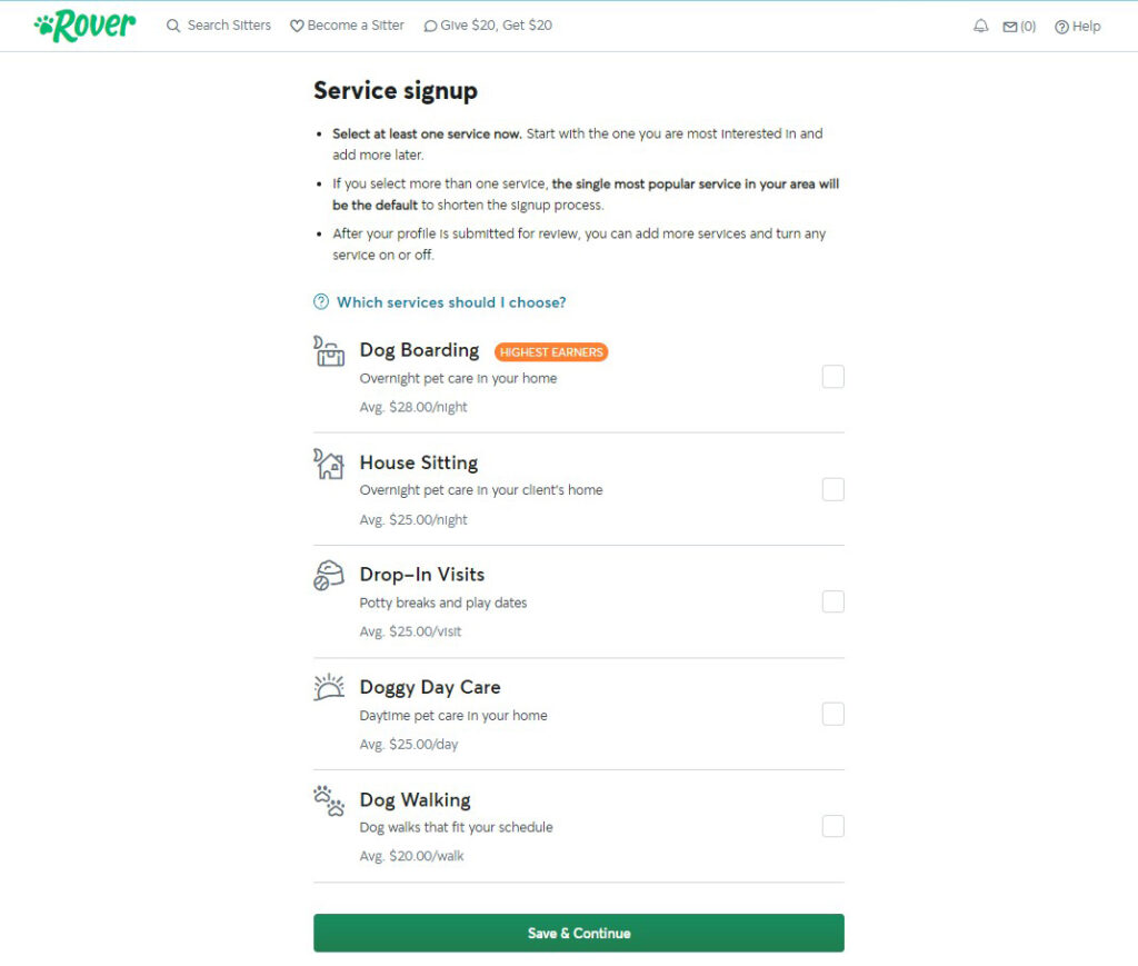 Sign up as a dog sitter on Rover - step 1
