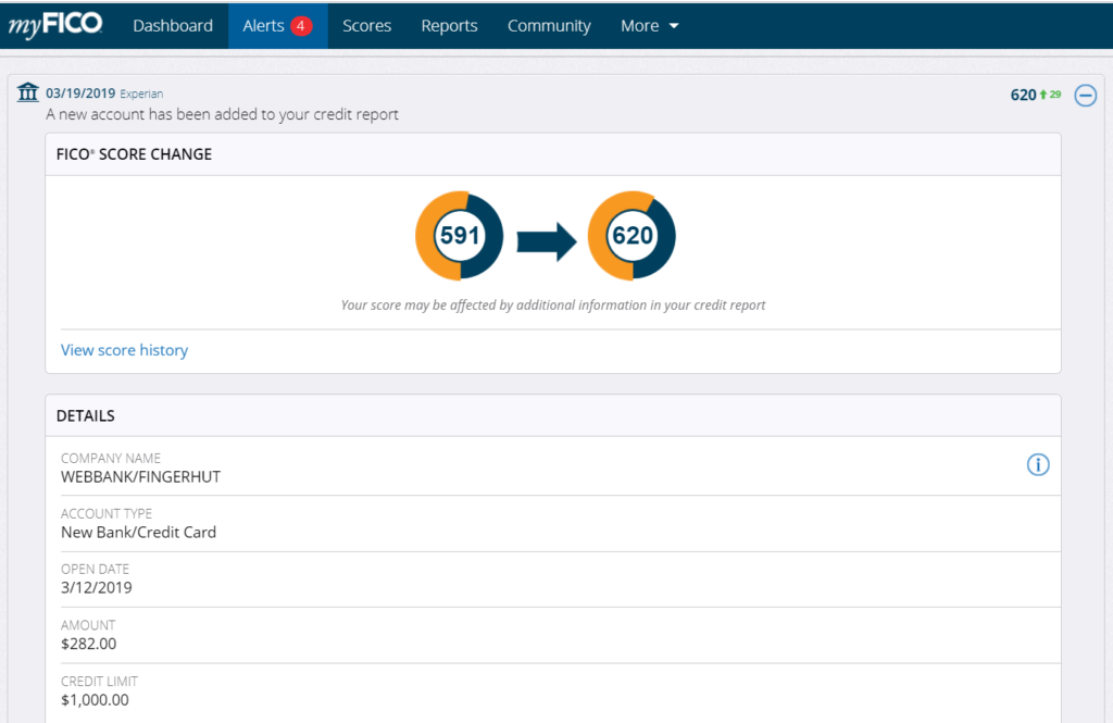 Fingerhut_Account_Added_Experian_29_point_gain Chart of my credit score jumping