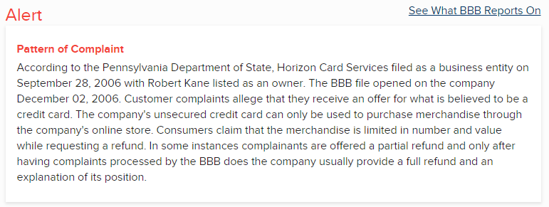 Horizon Card Services BBB alert
