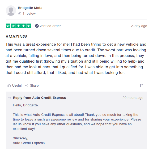 Auto Credit Express Review customer reviews five stars auto credit express reviews bad credit rates tools interest rate chart calculator BBB Auto Credit Express positive user review from Trustpilot