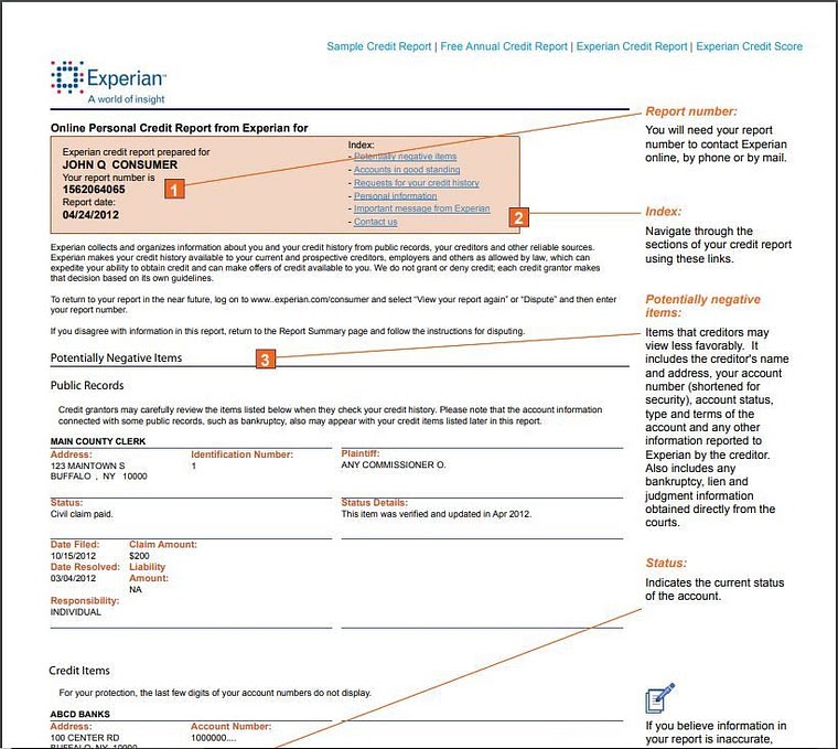 Sample Experian credit report