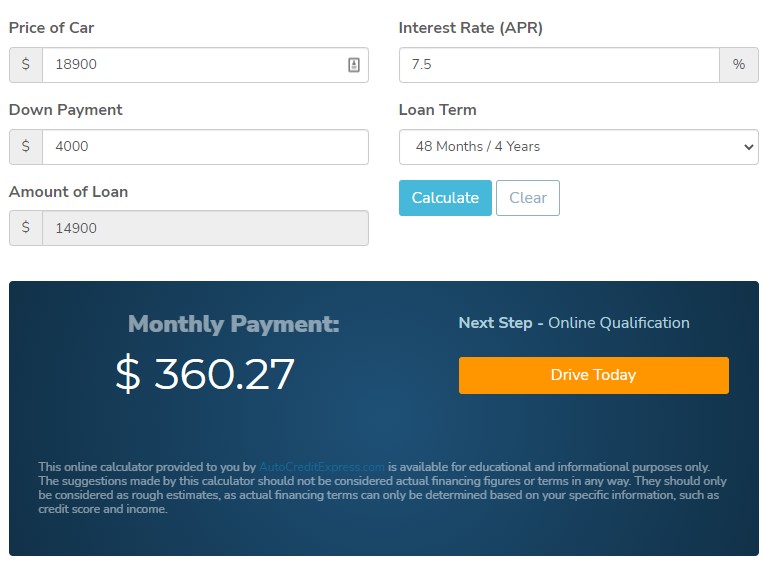 Auto Credit Express monthly payment calculator