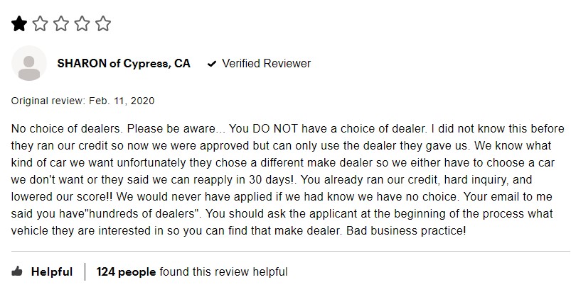 Auto Credit Express customer complaining about no choice of dealer.