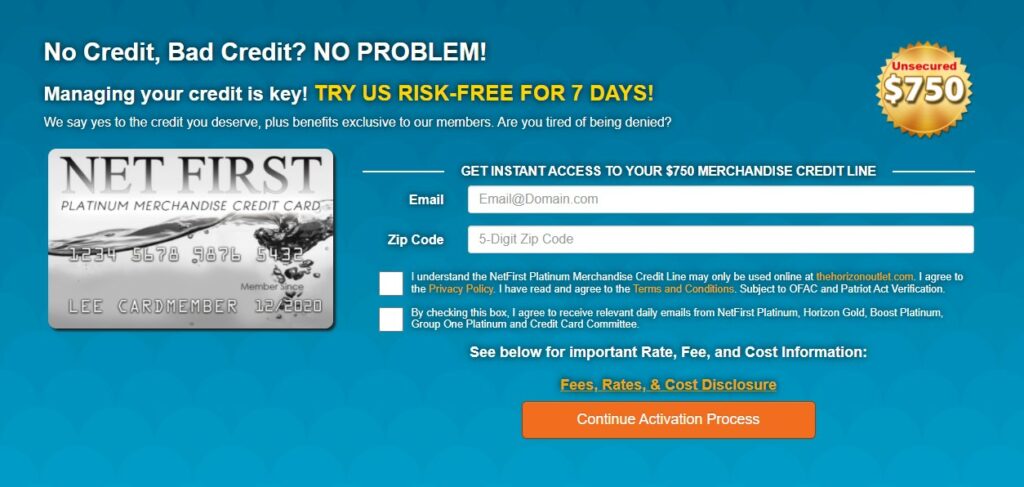 Net First Platinum application page