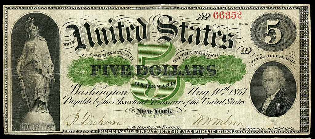 Demand note, 5 dollar bill.