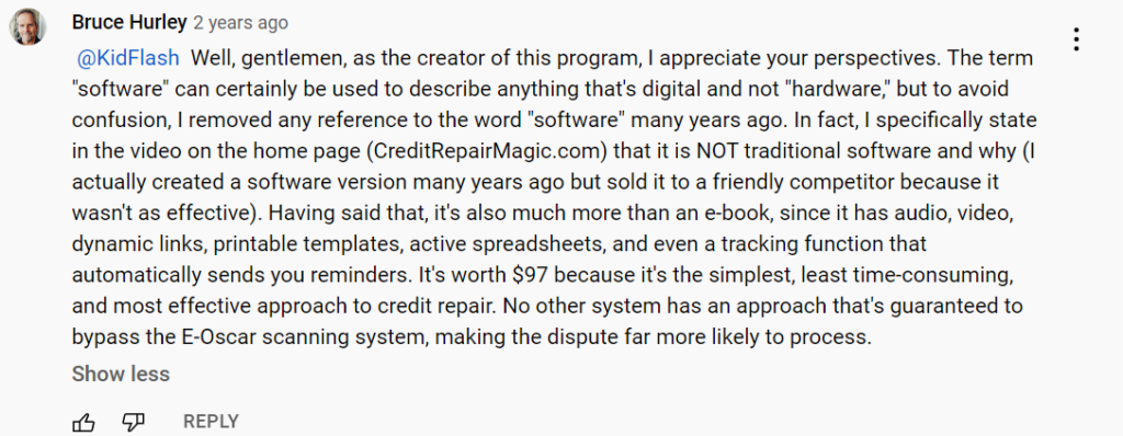 Mr. Hurley himself responds on youtube comment's on Credit Repair Magic