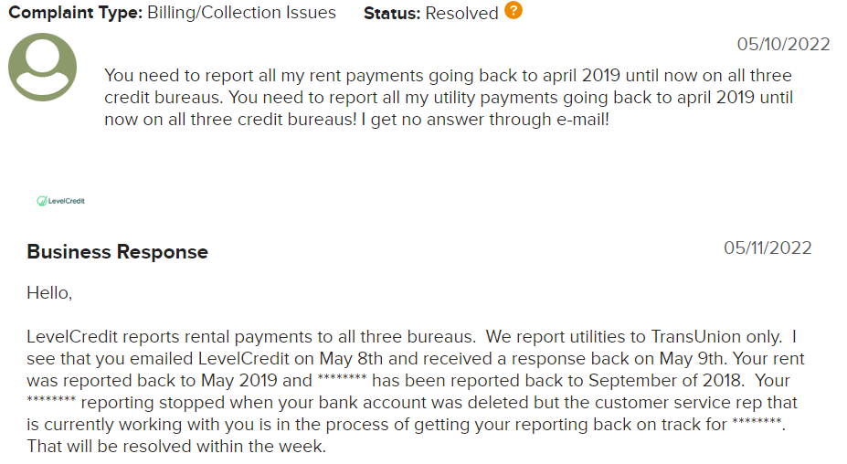 LevelCredit's customer complaint
