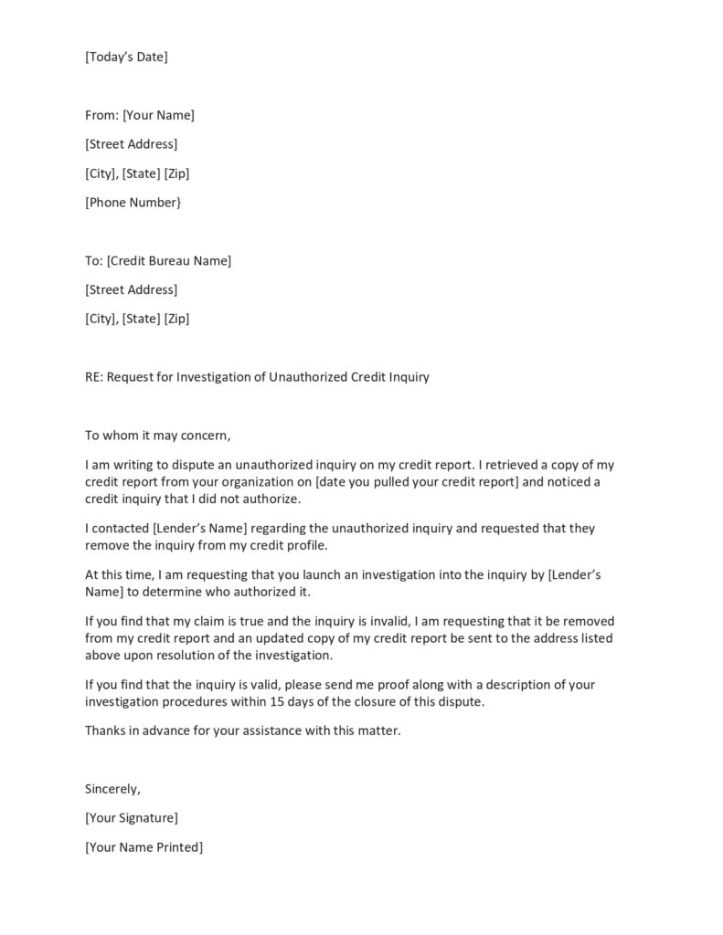 Credit inquiry removal letter