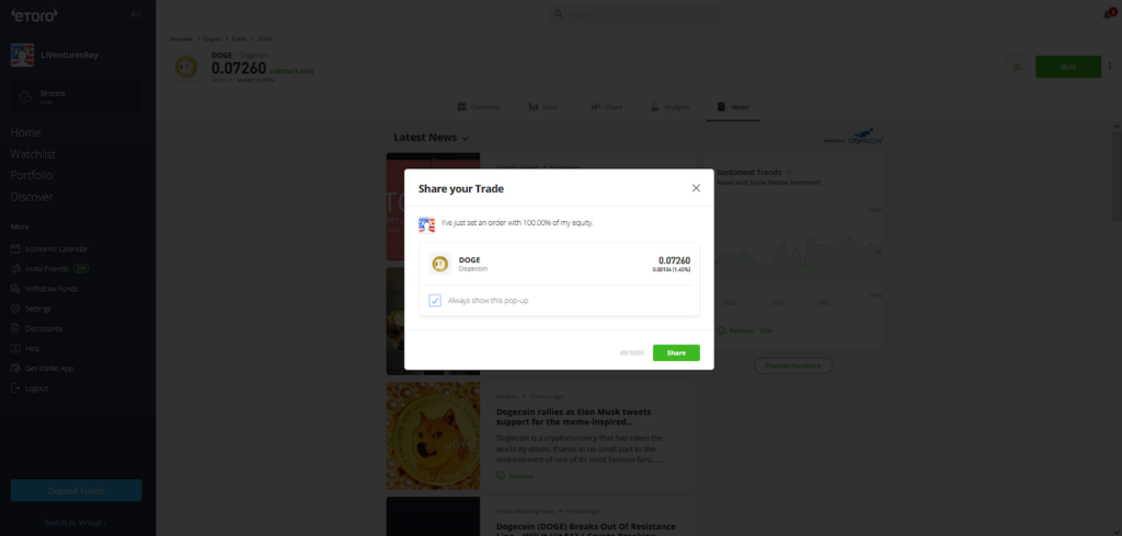 eToro Share your Trade option