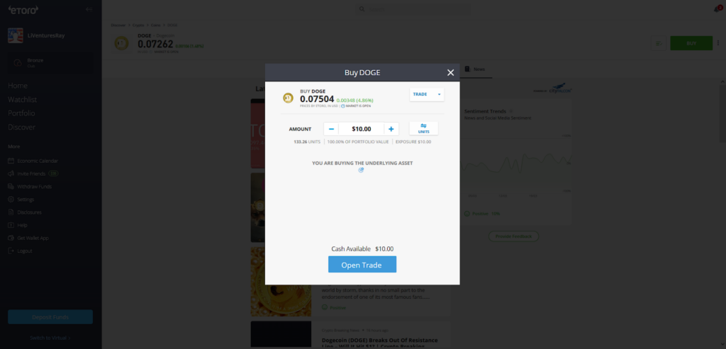 eToro buying Dogecoin