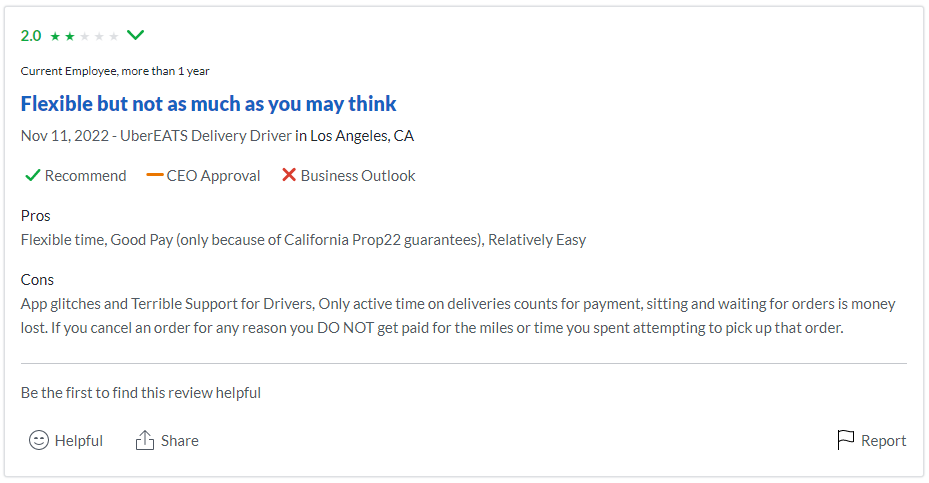 Uber Eats negative review on glassdoor.com