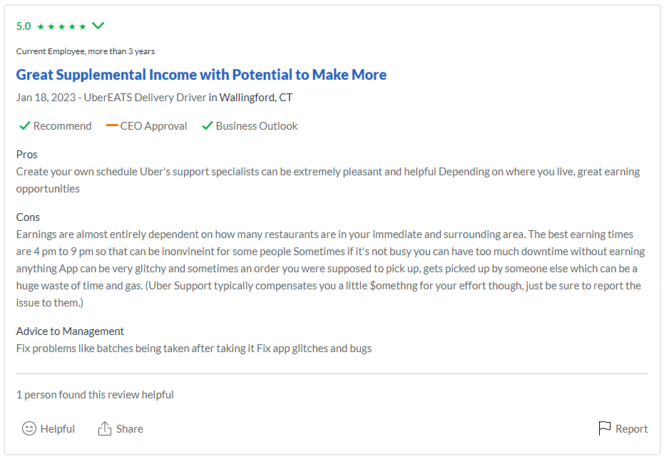 Uber Eats positive review on glassdoor.com