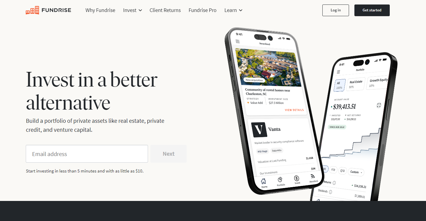 Best real estate investment apps: Fundrise homepage