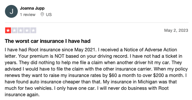 Root Insurance negative review on Trust Pilot