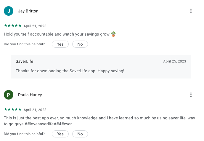 Positive review of SaverLife on Google