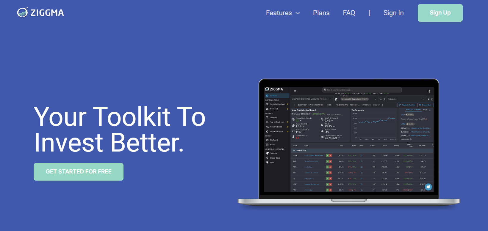 Best portfolio analysis tools: Ziggma homepage