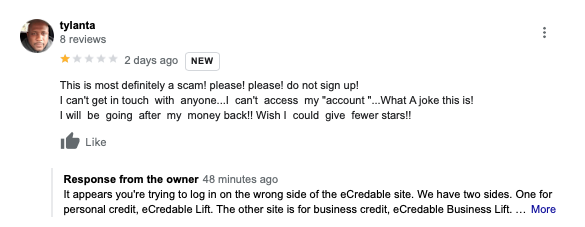 eCredable negative review on Google