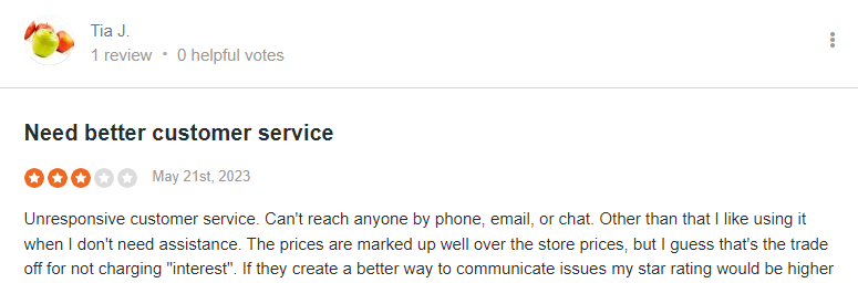 Perpay negative customer review SiteJabber
