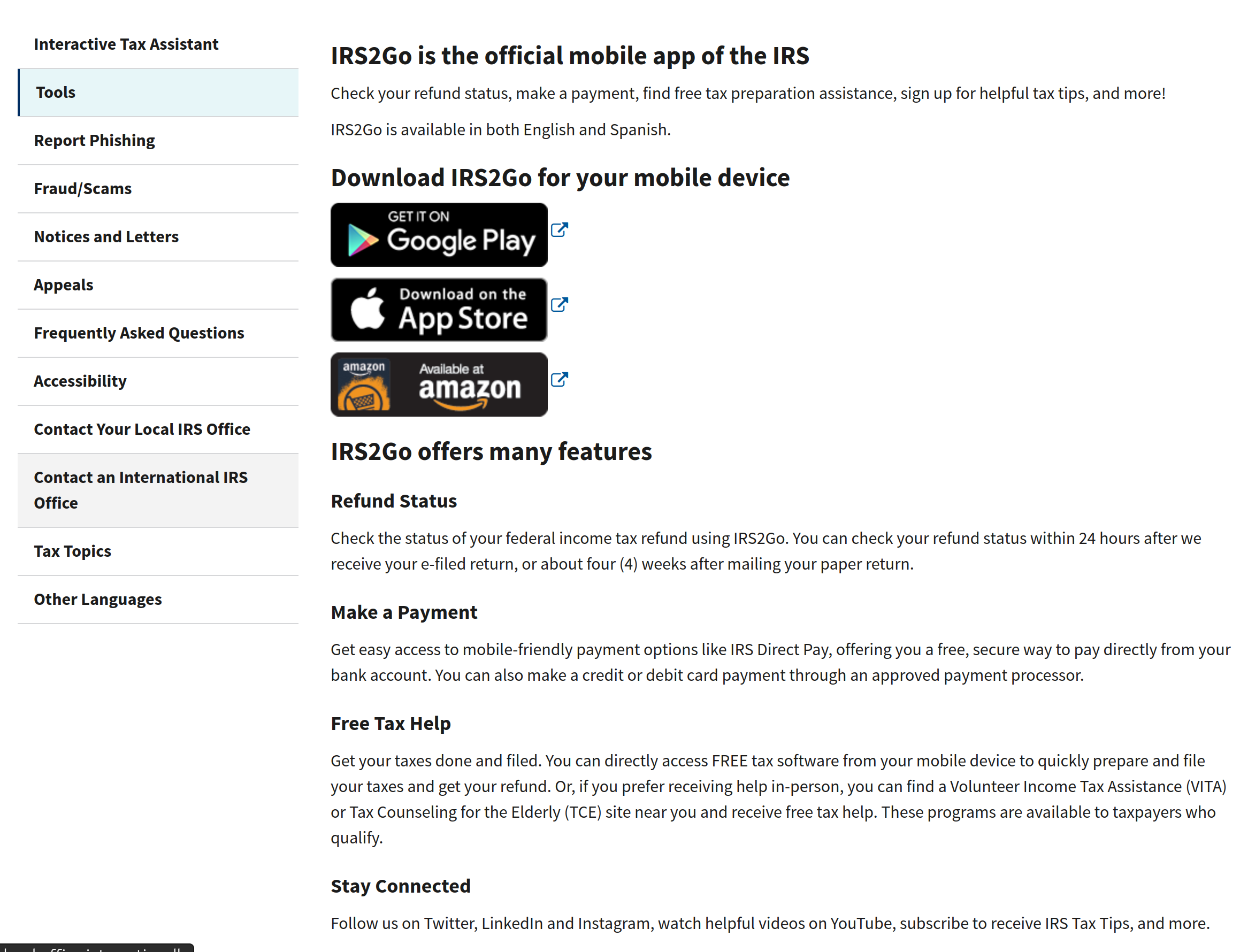 IRS2Go app page