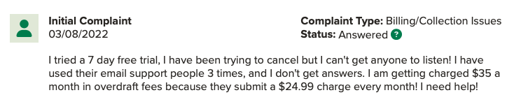 Customer complaint on ExtraCredit’s BBB page
