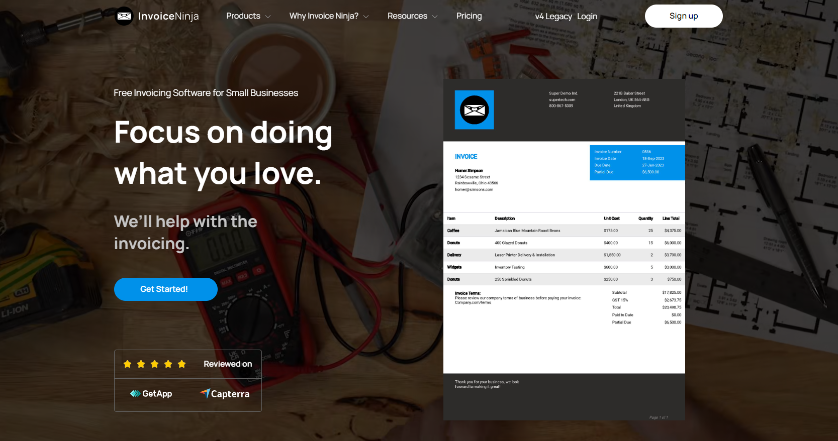 InvoiceNinja homepage