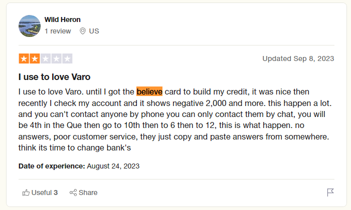 Varo Believe Card Review: Negative review of Varo on TrustPilot