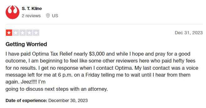 Optima Tax Relief: Negative Trustpilot Review