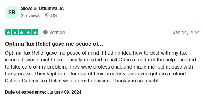 Optima Tax Relief: Positive Trustpilot Review