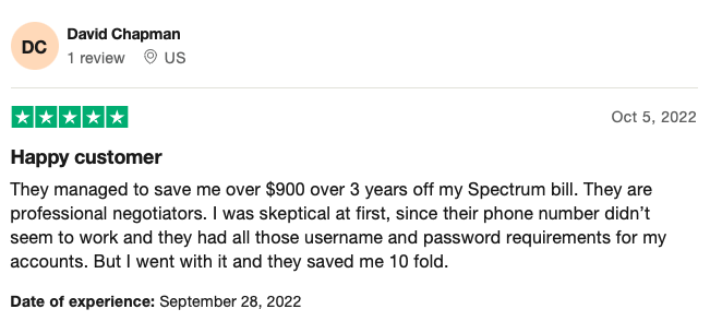 Positive Customer Review of BillTrim on Trustpilot