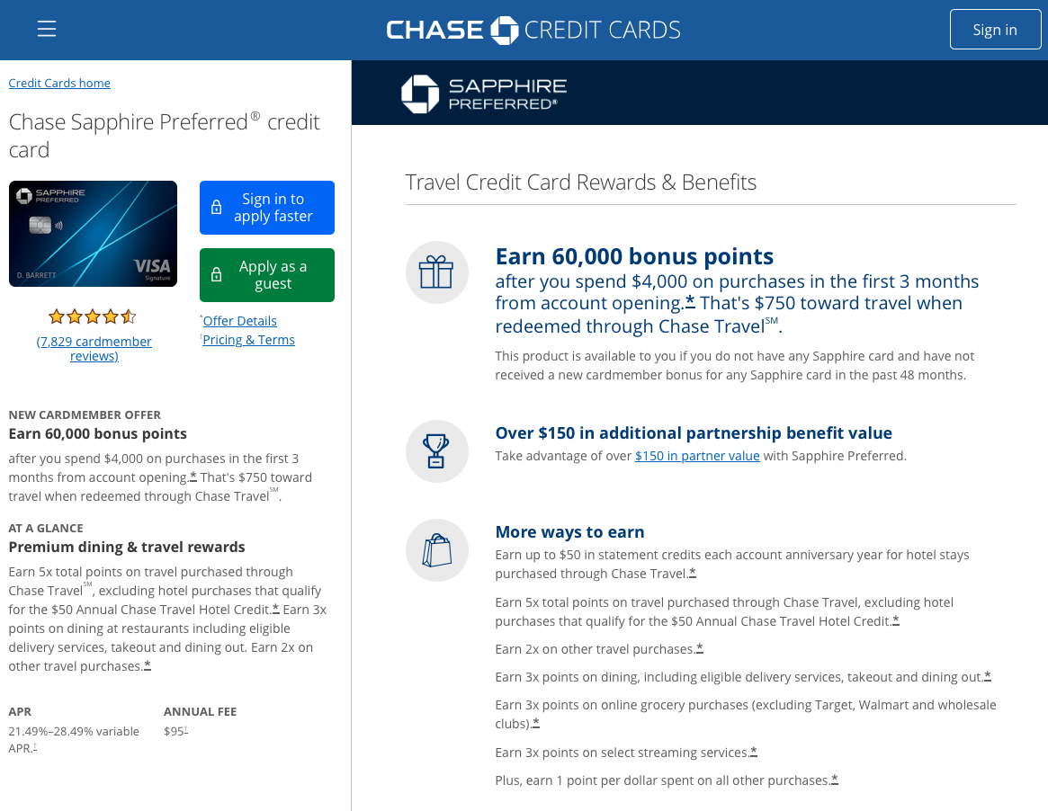Best credit cards according to Reddit: Chase Sapphire Preferred credit card page