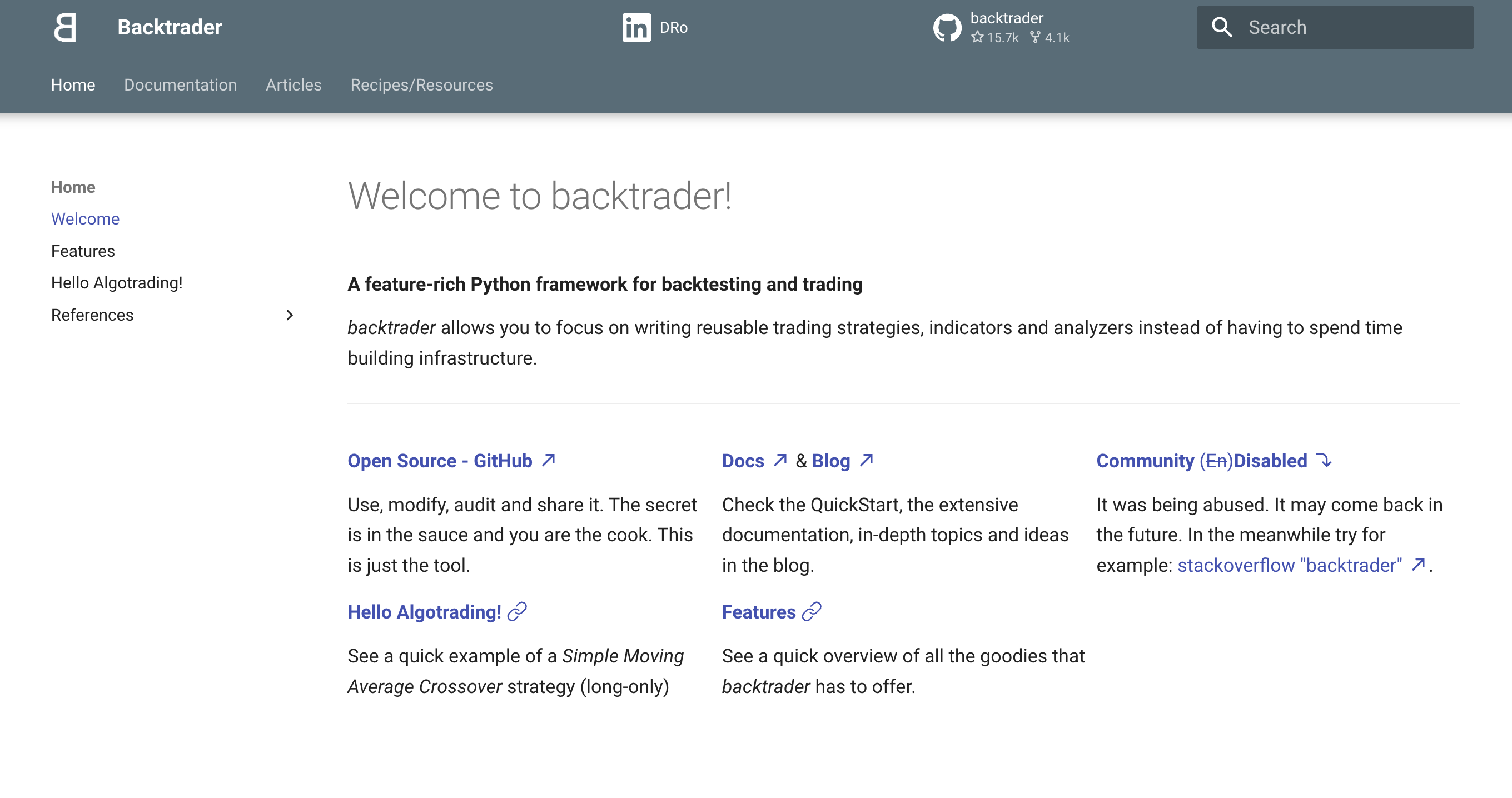 Backtrader homepage.