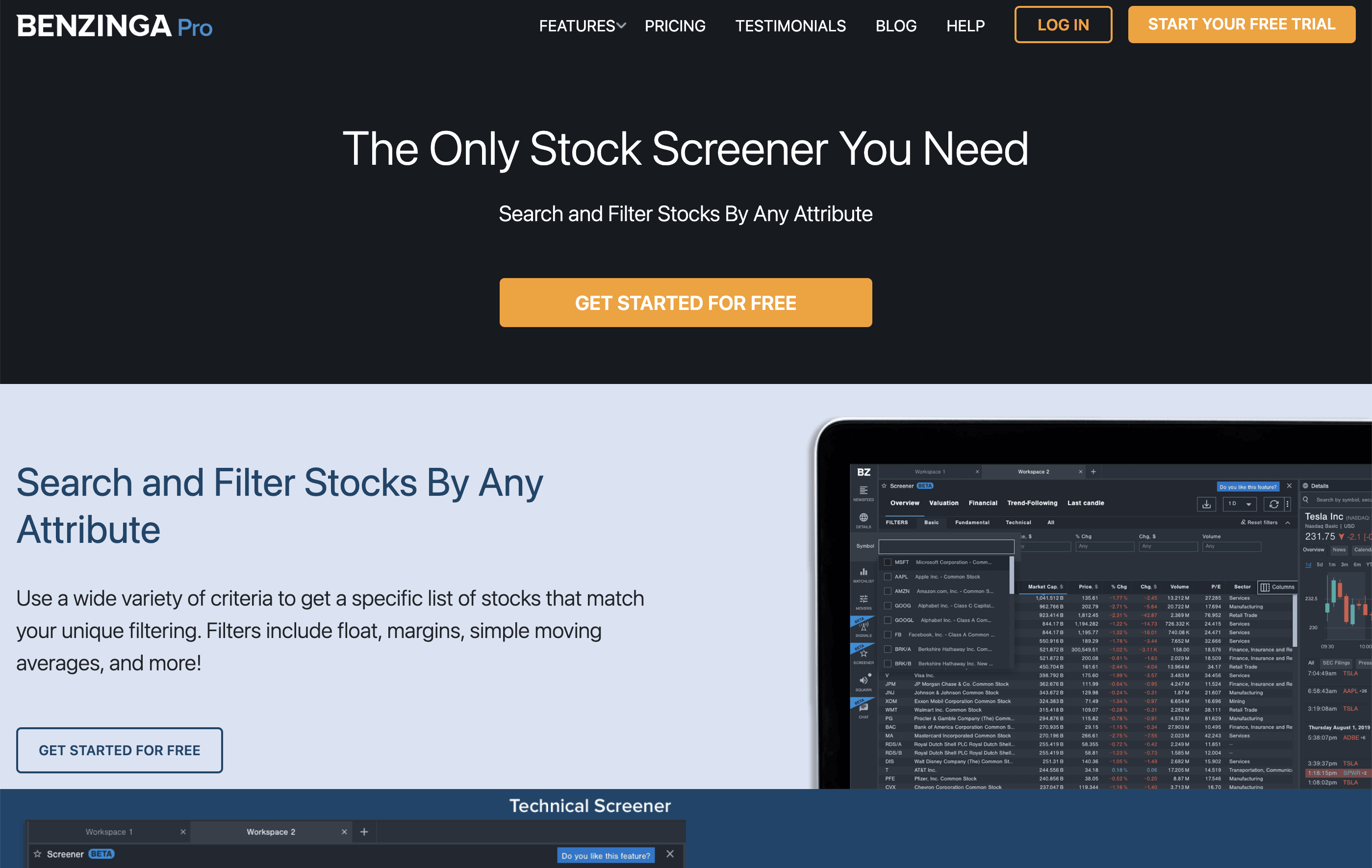 Benzinga Pro homepage.