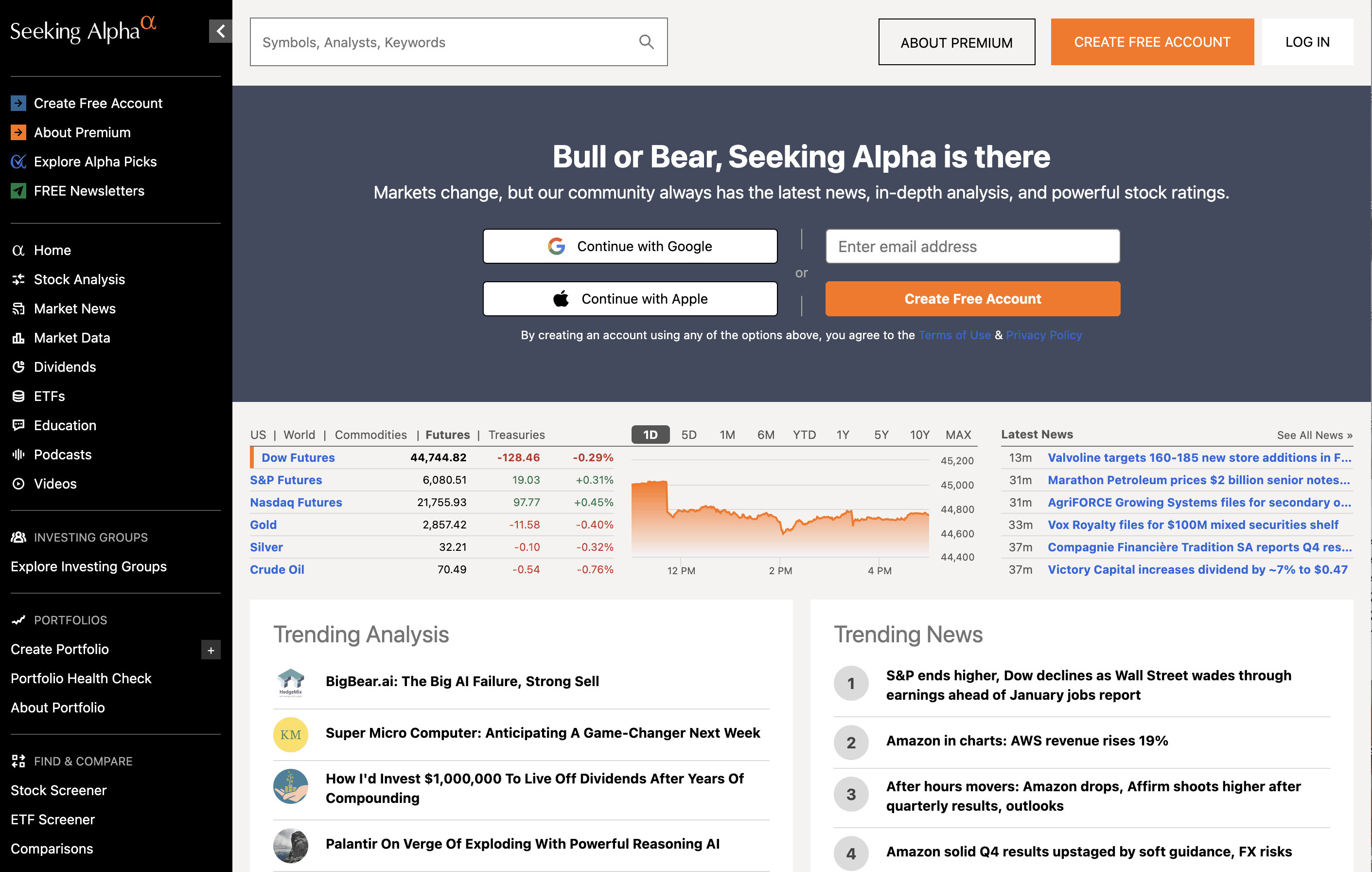 Seeking Alpha homepage.